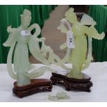 2 oriental jadeite figures on stands