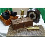 Bakelite cased mantel clock, pair of binoculars, miner's lamp,