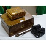 Mahogany writing slope, binoculars,