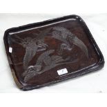 Japanese carved and lacquered tray with crane decoration