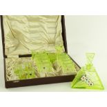 An Art Deco pale green glass bridge cocktail set, with painted enamel playing card designs,
