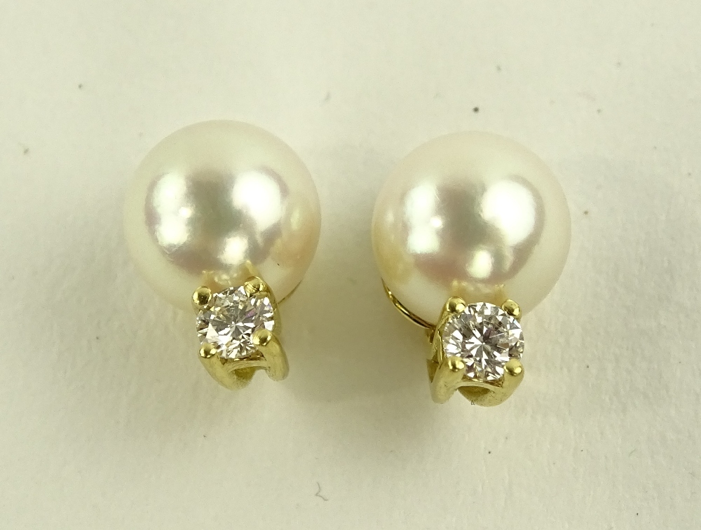A pair of 18ct gold pearl and diamond stud earrings, pearls 8mm diameter, - Image 2 of 4
