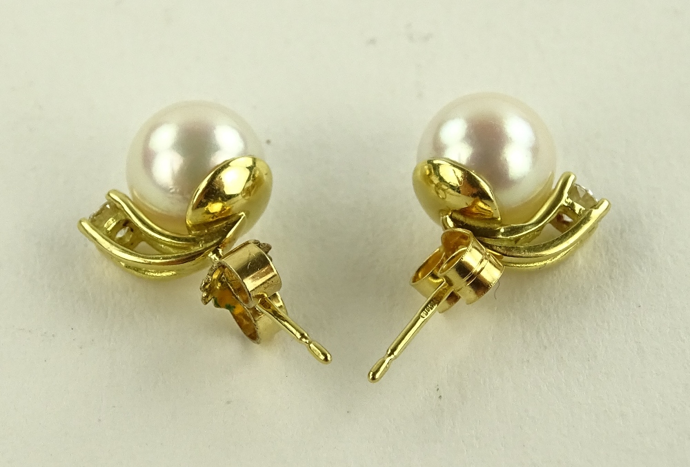 A pair of 18ct gold pearl and diamond stud earrings, pearls 8mm diameter, - Image 4 of 4