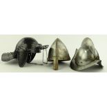 3 replica steel and painted metal re-enactment helmets.