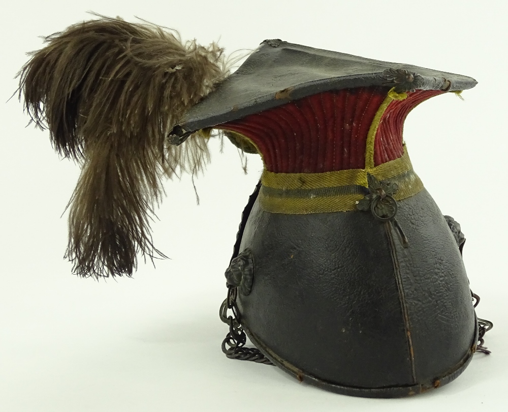 A lancer's helmet, brass mounted on leather with feather plume. - Image 2 of 3