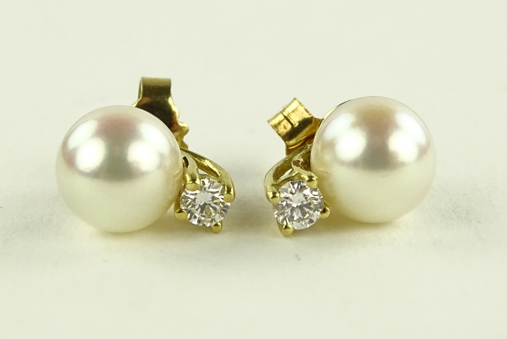 A pair of 18ct gold pearl and diamond stud earrings, pearls 8mm diameter, - Image 3 of 4