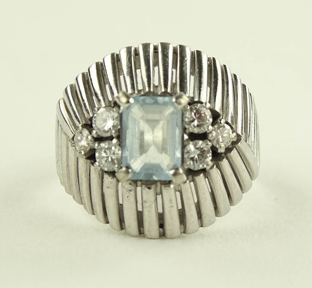 An aquamarine and diamond set ring circa 1940s, aqua height 7mm, unmarked 18ct white gold settings. - Image 3 of 4