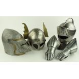 3 Steel and aluminium replica re-enactment helmets, and a pair of gauntlets.