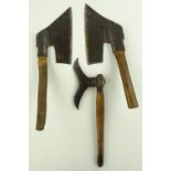 2 Antique goose wing side axes, and another axe with decorative blade, (3).