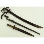 A curved sword, blade marked Hembrug, with leather scabbard and 2 other bayonets, (3).