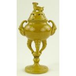 A Chinese yellow glazed porcelain incense burner and cover, surmounted by a dog of fo,