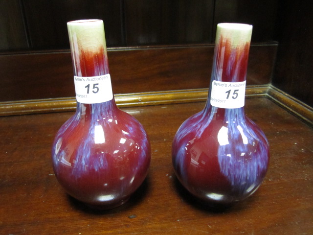 Pair of Chinese flambe bottle vases, late 19th or 20th Century, - Image 2 of 4