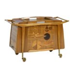 Unusual quality walnut and marquetry cocktail trolley, circa 1930s,