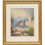 E Myers (active late 19th Century), Castle ruins in the Rhine Valley, signed watercolour,