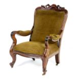 Early Victorian mahogany armchair, circa 1840-60, having a carved serpentine ogee moulded top rail,