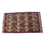 Yamudi flatweave woollen rug, bold striped design in fawn, madder and terracotta,