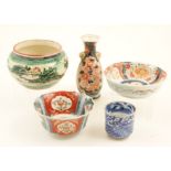 Small assortment of Japanese pottery and porcelain including a blue and white beaker,