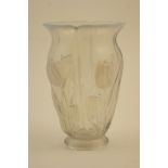 Barolac opalescent glass vase, post 1925, moulded with tulips and tinted with blue opalescence,