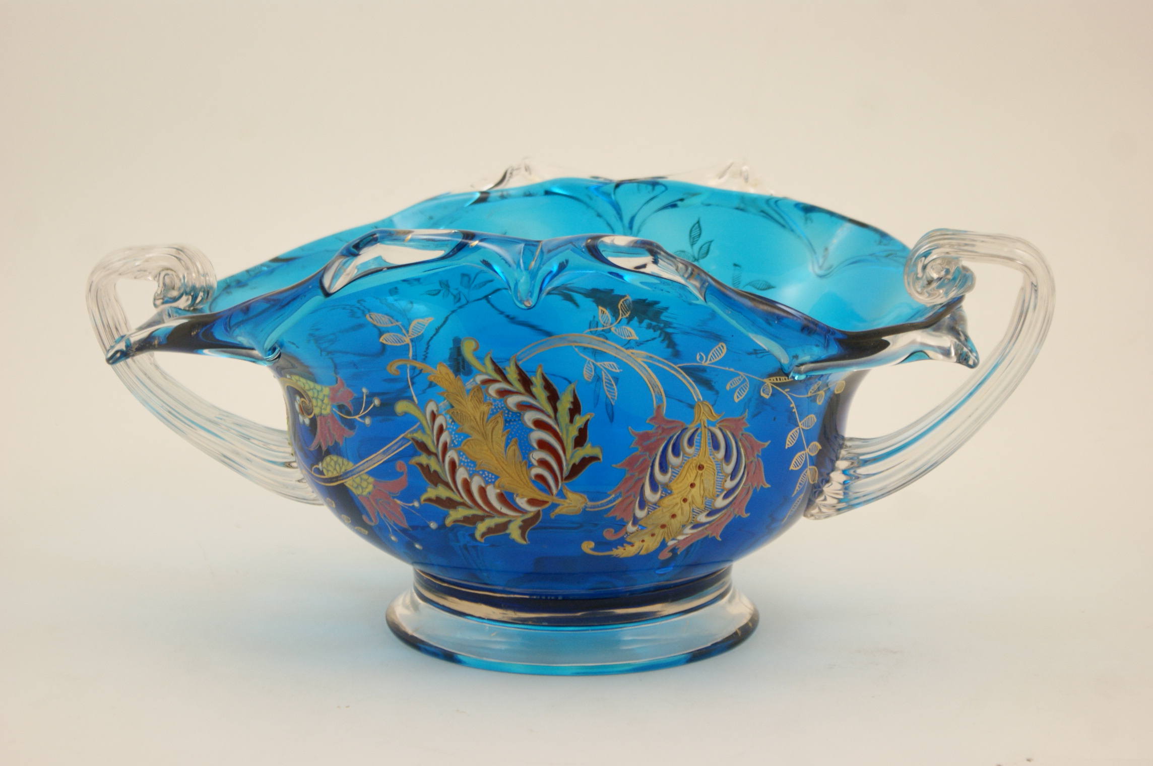 Decorative gilded and enamelled blue glass table bowl, probably Venetian,