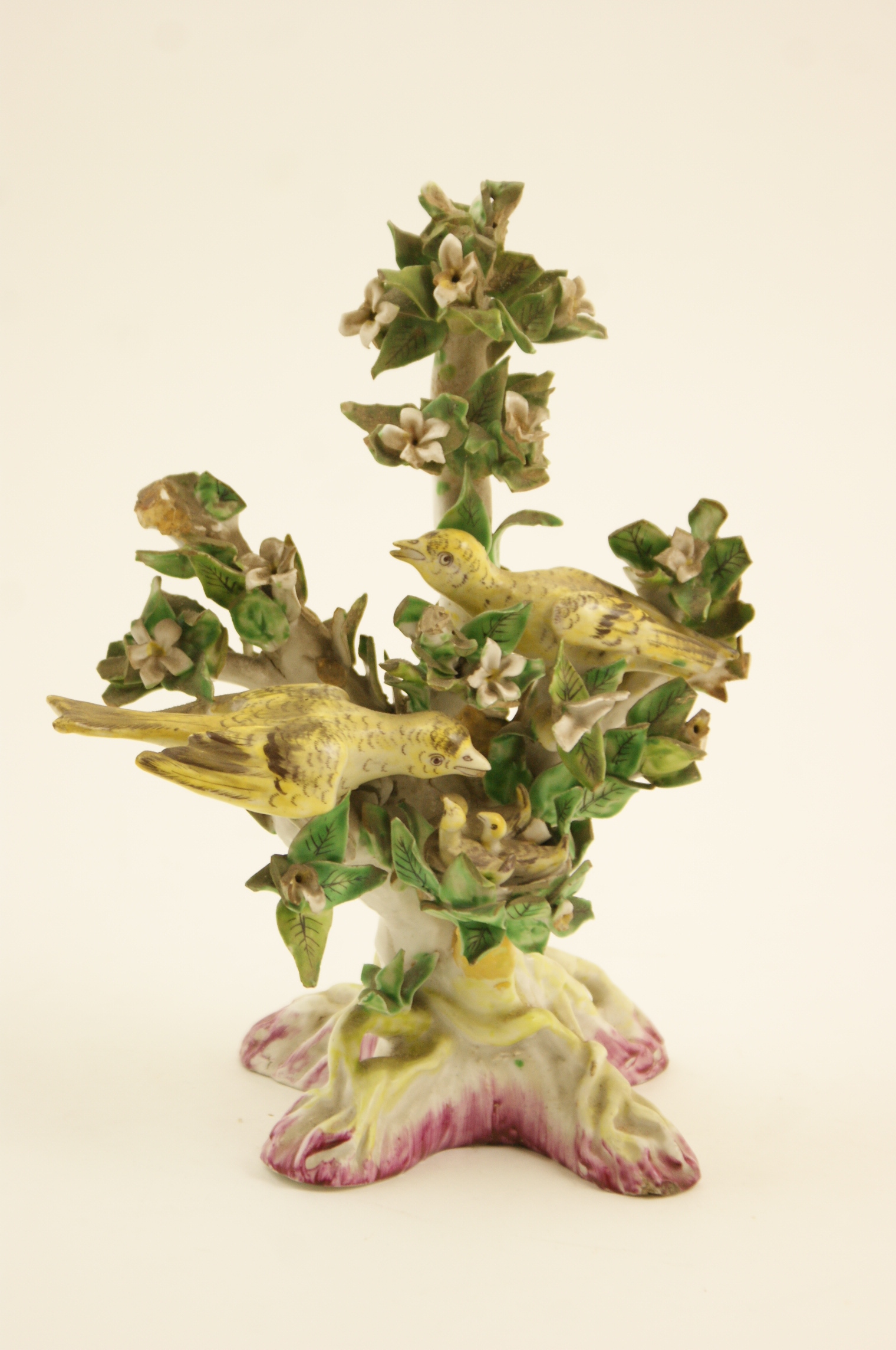 Rare Bow porcelain nesting birds figure group, circa 1750-60,