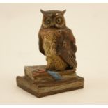 Austrian cold painted bronze paperweight cast as an owl perched on books,