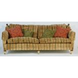 Duresta upholstered four seater settee, upholstered in gold, green and red striped fabric,