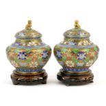 Pair of Chinese champleve enamelled covered jars, mid 20th Century,