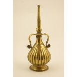 Islamic brass rosewater flask, 19th Century, reeded baluster form with twin handles, tapered neck,