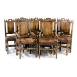 Set of ten oak joined dining chairs in 17th Century style, comprising two carvers and eight singles,