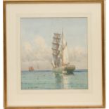 Samuel John Milton Brown (1873-1965), Brigantine in full sail on a calm sea, signed watercolour,