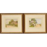 Torfrida Gray, Pair, Figures before a country cottage in the height of summer, signed watercolours,