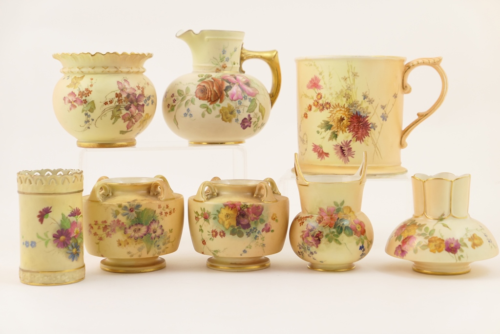 Small selection of Royal Worcester peach ground and ivory ground ornamental items including large