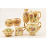 Small selection of Royal Worcester peach ground ornamental items including twin handled bowl,