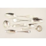 Irish silver flatware including George III dessert spoon, maker A.