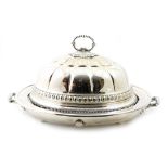 Victorian silver plated turkey warming dish, circa 1880, oval form with twin carrying handles,