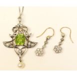 Attractive Edwardian diamond, peridot and pearl openwork pendant,