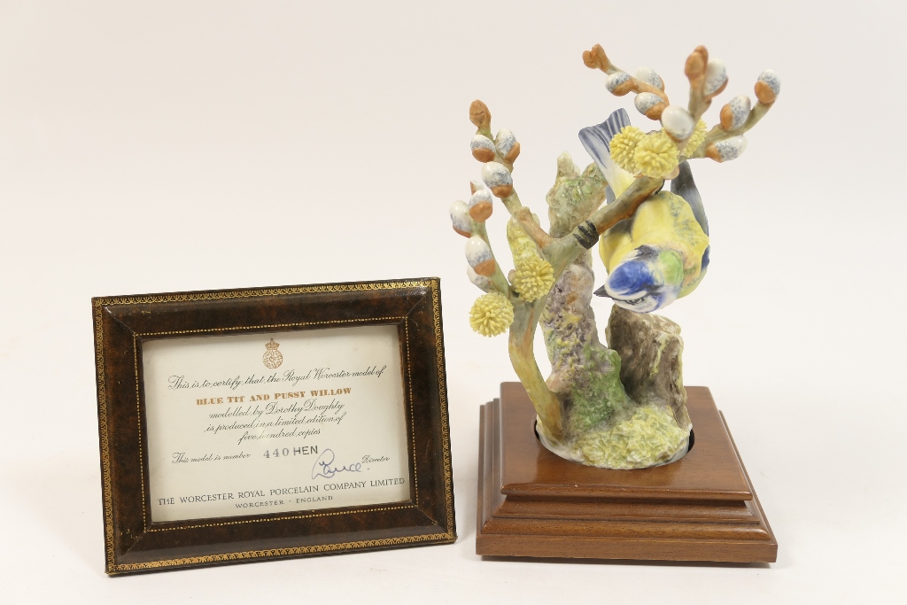Royal Worcester model of a blue tit and pussy willow, circa 1964,