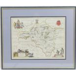 Willem Blaeu hand coloured map Radnoria Comitatus, published 1648, framed,