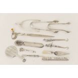 Number of silver collectables including a pair of silver wishbone sugar tongs, Birmingham 1926,