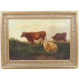 Naive School (19th Century), Dairy shorthorn cattle in a field, oil on canvas,