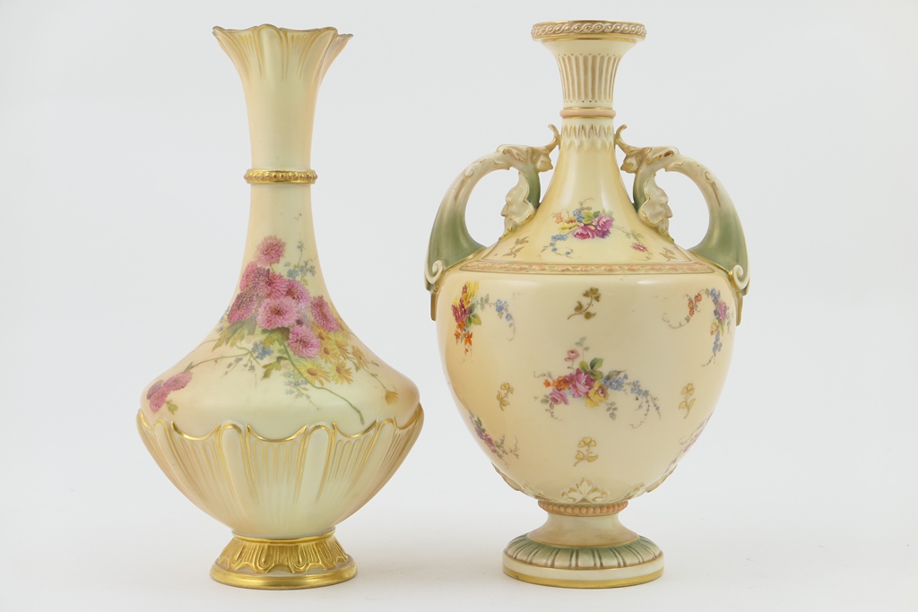 Royal Worcester peach ground twin handled vase, circa 1895,