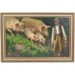 William Gunning King (1859-1940), Feeding Time, a farmer being pursued by a family of pigs,