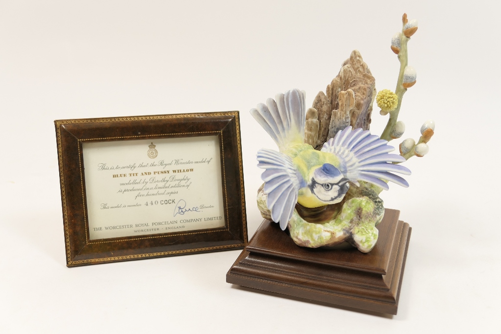 Royal Worcester model of a blue tit and pussy willow, circa 1964,