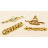 Late Victorian 15ct gold aquamarine and seed pearl bar brooch (one pearl deficient),