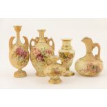 Four Royal Worcester peach ground ornamental vases and a ewer,