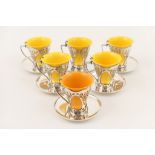 Set of six Edwardian silver and china coffee cups and saucers, Sheffield 1906,