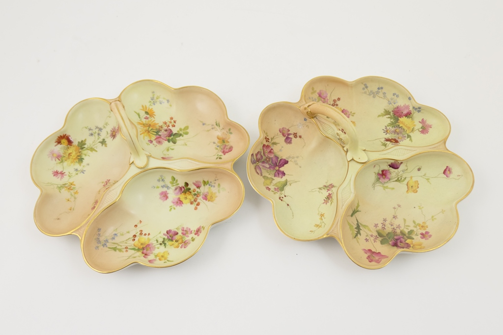 Two Royal Worcester peach ground hors d'oeuvres dishes, circa 1903 and 1907,