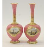 Pair of Royal Worcester 'Ludlow' vases, circa 1894, each of bottle form with trumpet neck,