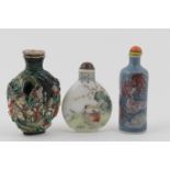 Chinese famille verte moulded porcelain snuff bottle, Kangxi marks,