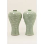 Two Korean celadon Meiping vases, 20th Century, one decorated with flying crane roundels,